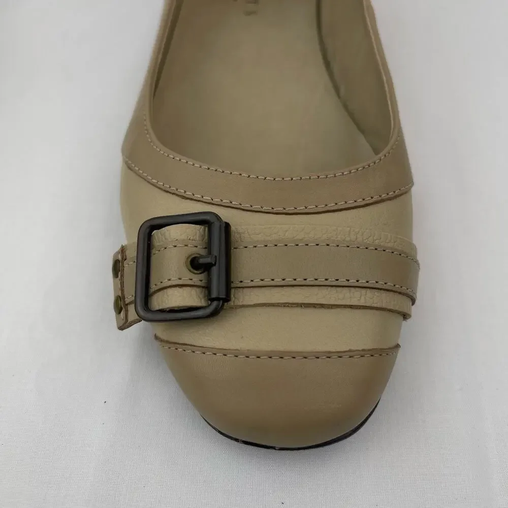 Talbots Women Tan Leather Buckle Ballet Flats Comfort Shoes Wide Width 8W